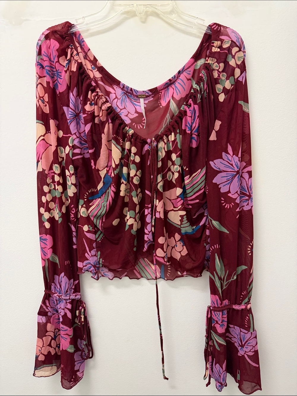 Free People Burgundy Floral Peasant Blouse with Pink & Lavender Accents